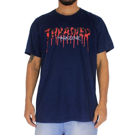 Camiseta Thrasher Blood Drip Logo Azul Marinho 