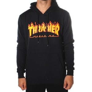 Moletom Thrasher Canguru Flame Logo Preto